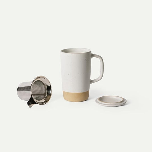 MORA Ceramics Large Tea Mug with Loose Leaf Infuser and Ceramic Lid, 18 oz, Portable, Microwave, Dishwasher Safe, Tall Coffee Cup - Rustic Matte Ceramic Glaze, Modern Herbal Tea Strainer, Oat by MORA