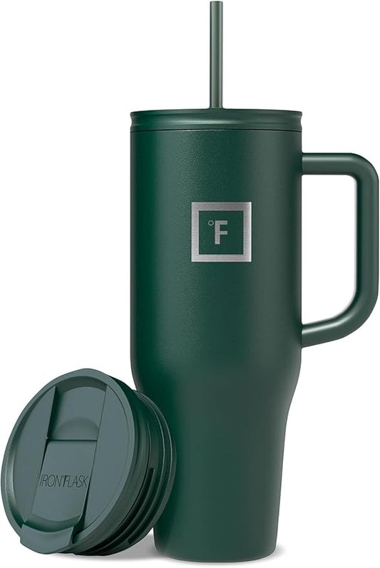 IRON °FLASK 40 oz Co-Pilot Insulated Travel Mug | Insulated Travel Mug with Straw & Flip Cap Lids - Cup Holder Fit, Leakproof, BPA Free (Dark Pine) by IronFlask
