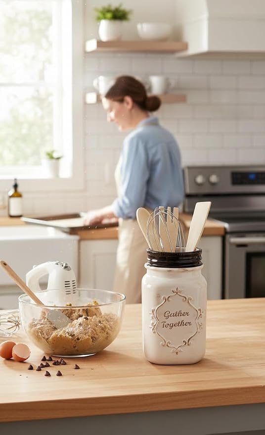 Young's Inc Farmhouse Ceramic Kitchen Tool Holder with Wooden Utensils, Decorative Gather Together Mason Jar Organizer for Kitchen Tools,10.5" - Image 7