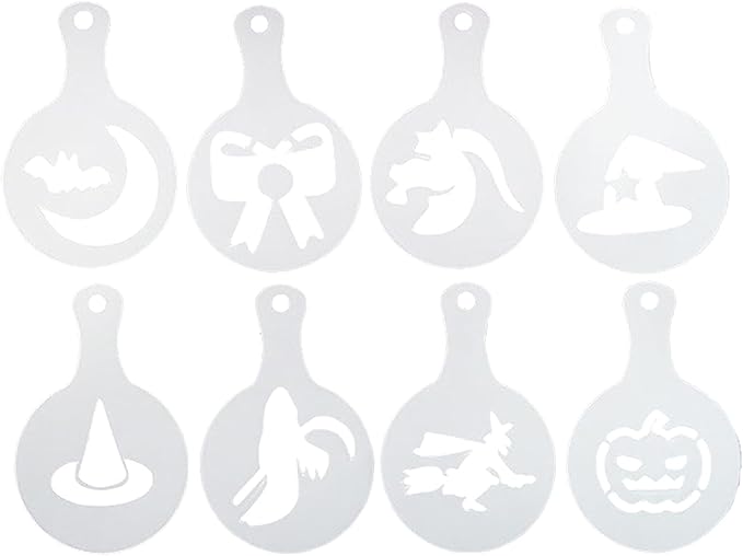 Coffee Stencils - Latte Art Printer, 8 Piece Halloween Design Kit, Reusable Decoration Template, Creative Baking Mold | Tool for Bread, Cake, Cappuccino, Dessert Art, Restaurant or Home