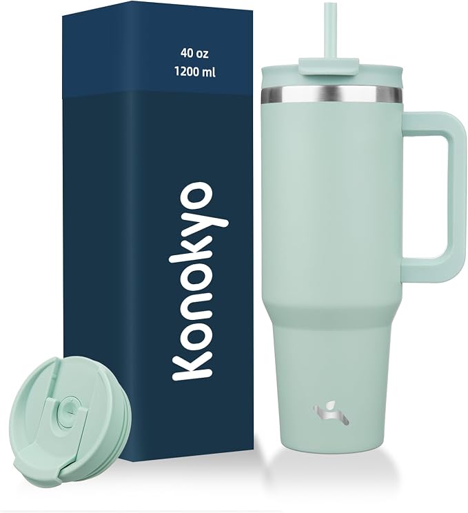 Konokyo 40 oz Insulated Tumbler Water Bottle with Handle, Straw Lid | BPA-free and dishwasher safe; made for gym, travel, coffee and gifting, 2 straws, cup holder friendly,Retro Green by Konokyo