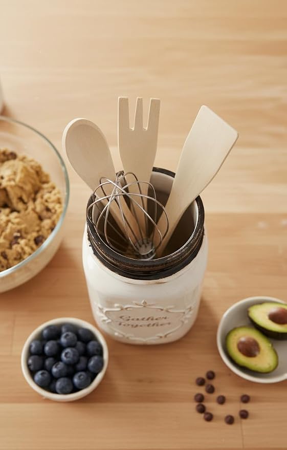 Young's Inc Farmhouse Ceramic Kitchen Tool Holder with Wooden Utensils, Decorative Gather Together Mason Jar Organizer for Kitchen Tools,10.5" - Image 4