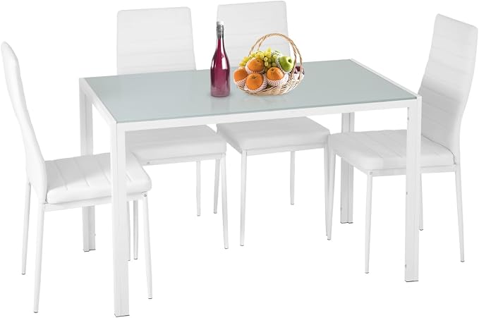 FDW | 5-Piece Dining Table Set | White | Glass Kitchen Table with 4 Upholstered Chairs and Faux Leather Cushions | Space-Saving and Modern Design | for Dining Room, Easy to Assemble by FDW