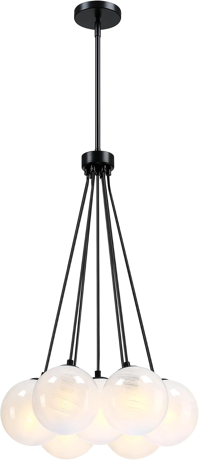 Modern Globe Black Chandelier Milky Glass Shade Sputnik Ceiling Light Fixture, Mid Century Bubble Dining Room Pendant Light, Hanging Island Light for Kitchen Bedroom Entryway Over Table by Triacas