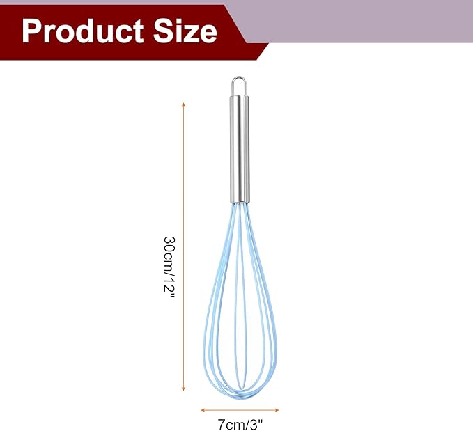 HARFINGTON 5Pcs Silicone Whisk 12" Kitchen Whisk Wire Whisks Beater with Stainless Steel Handle for Egg Milk Whisking Blending Beating & Stirring, Blue