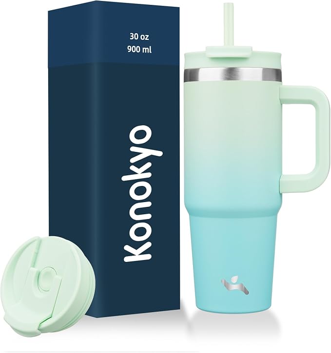 Konokyo 30 oz Insulated Tumbler Water Bottle with Handle, Straw Lid | BPA-free and dishwasher safe; made for gym, travel, coffee and gifting, 2 straws, cup holder friendly,Mint by Konokyo