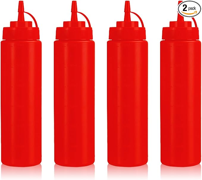 Squeeze Bottles for Sauces,Leak-Proof Condiment Dispenser, BPA-Free Kitchen Restaurant Squeeze Bottle Set with Wide Mouth for Ketchup, Mustard,Syrup,Dressings (Red, 4Pack-24oz(600ml))