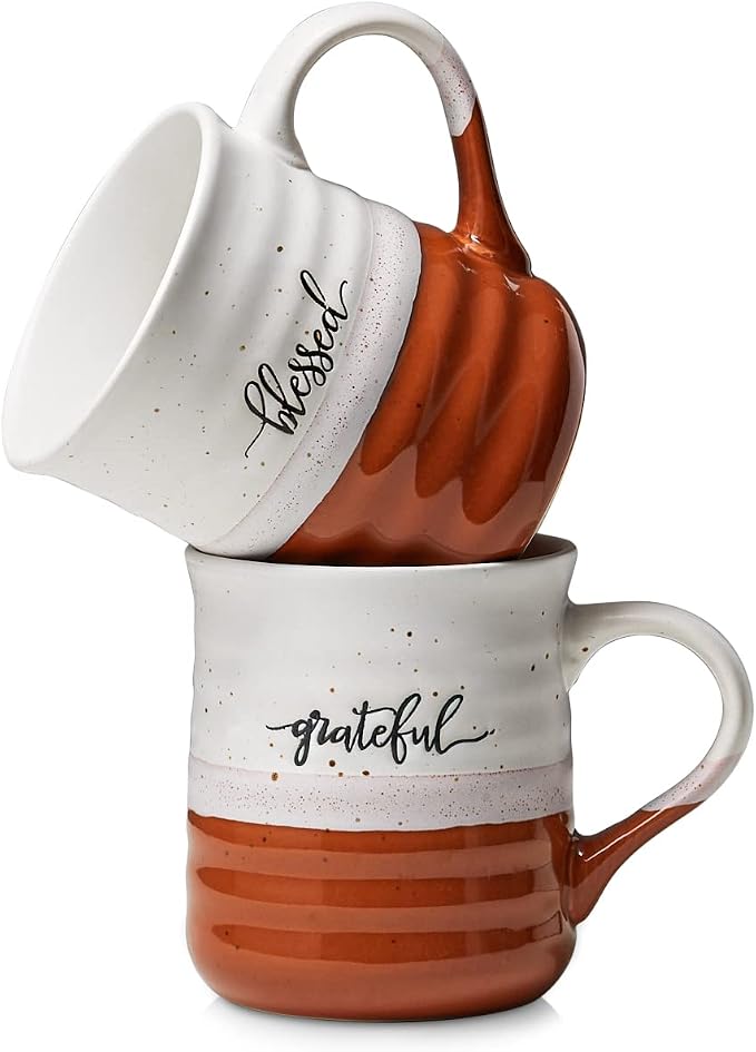DOWAN 18 oz Large Coffee Mugs, Ceramic Mug Set with Word Blessed Grateful, Big Tea Cup for Office & Home, Thank You Gift for Women Men Mom Dad Christian, 2 Pcs by DOWAN
