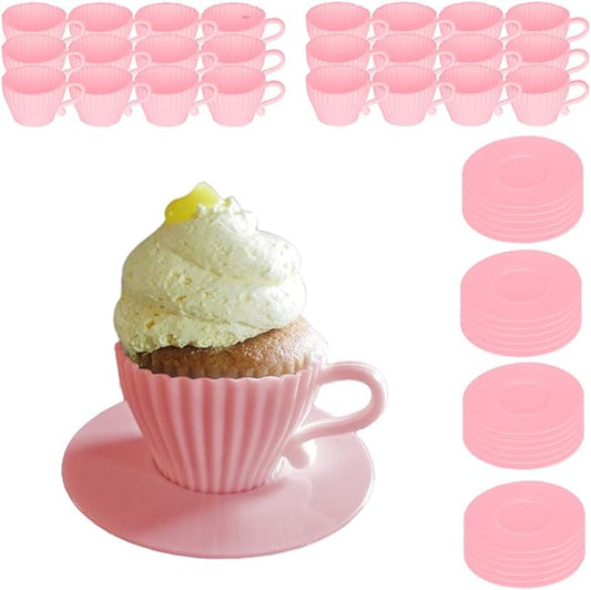 Evelots Baking Cupcake Molds - Silicone Teacup Set - 48 Pc Set - Oven-Safe - Nonstick - Muffin Cups for Bridal/Baby Shower, Birthday/Tea Party - 24 Cups & 24 Saucers - BPA Free