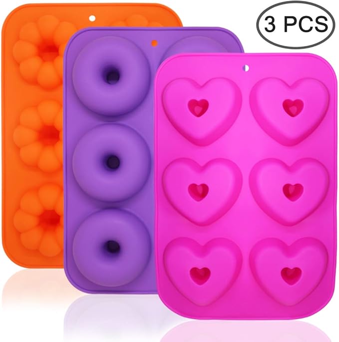 3 Pack Silicone Baking Tray Doughnut Maker Moulds, FineGood Cupcake Tray Silicone Muffin Molds Donut Pan Bagel Making Mould Tray