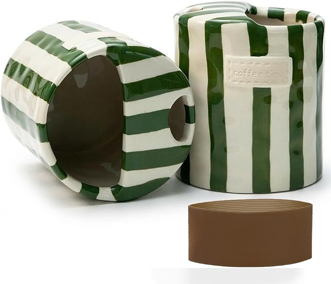 Ceramic Coffee Mug with Lid, Ceramic Travel Mug with Straw Hole, 12oz Retro Striped To Go Coffee Mug for Hot & Cold Drinks, Microwave & Dishwasher Safe，Green by KOIMYSA