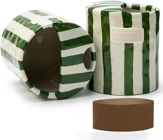Ceramic Coffee Mug with Lid, Ceramic Travel Mug with Straw Hole, 12oz Retro Striped To Go Coffee Mug for Hot & Cold Drinks, Microwave & Dishwasher Safe，Green by KOIMYSA