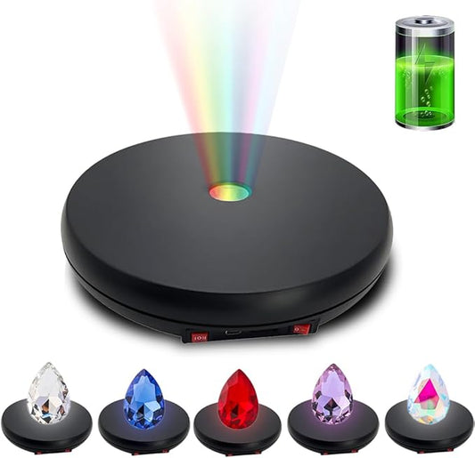 JAYEGT Motorized Rotating Display Stand with LED Light , 10 inch /55lbs Load, 360 Degree Electronic Photography Turntable for Product Show, Jewelry, Crystal Art (Black / 5 Colors LED Light /Rechargeable)
