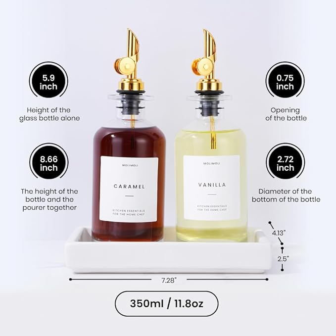 Molimoli Olive Oil Dispenser Bottle for Kitchen, Coffee Syrup Dispenser w. Weighted Pourer, Glass Bottle Dispenser for Kitchen with Ceramic Tray | Gold, 350ml, Set of 2 - Image 3