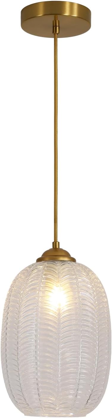 KCO Lighting Clear Glass Globe Pendant Light Ribbed Ceiling Light Brass Pendant Lights Kitchen Island Mid Century Modern Ceiling Hanging Light Gold Single Pendant Light by KCOLighting