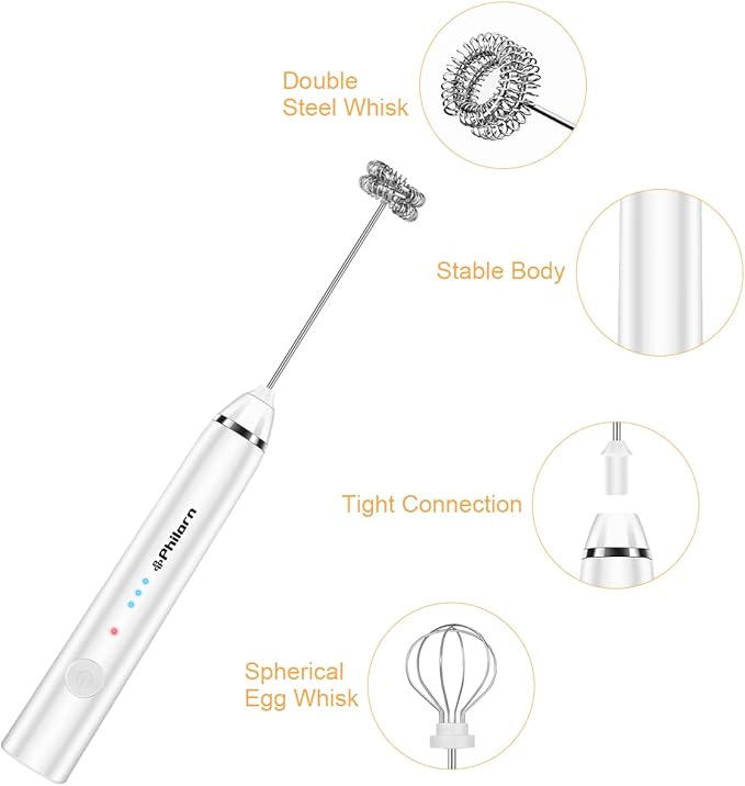 Philorn Milk Frother Wand Handheld Rechargeable Electric Whisk Coffee Drink Mixer, Mini Foamer for Lattes, Cappuccino, Frappe, Matcha, Hot Chocolate, Protein Powder, Keto Diet (White)