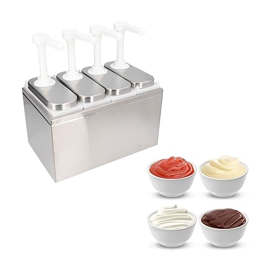 Condiment Pump Dispenser, 1L Single Jars Stainless Steel Sauce Dispenser Pump Ketchup Pump Dispenser Davinci Syrup Sauce Pump Container Salad Pump Container (4 Pumps)