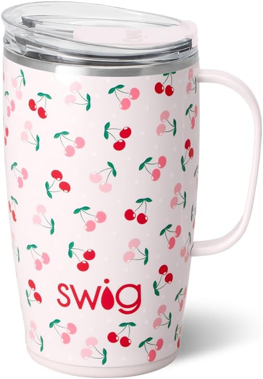 Swig Life 18oz Insulated Travel Mug with Handle & Lid, Cherry Pie | Triple Insulated Stainless Steel - Handle & Lid Included - Keeps Coffee Hot or Cold - Cup Holder Friendly by SwigLife