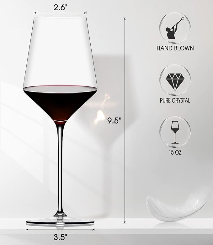 OJA Wine Glasses Set, Crystal Red Hand Blown Wine Glass, Set of 4, 15 oz | Long Stem, Thin Rim, Premium, Perfect for Red or White, Daily Use, Unique Wedding Anniversary or Birthday Gift - Image 6