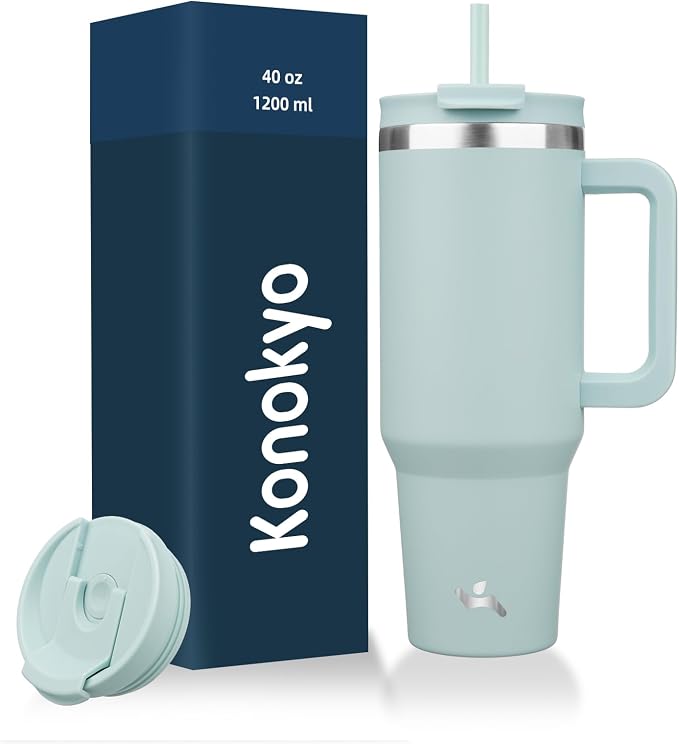 Konokyo 40 oz Insulated Tumbler Water Bottle with Handle, Straw Lid | BPA-free and dishwasher safe; made for gym, travel, coffee and gifting, 2 straws, cup holder friendly,Blue Haze by Konokyo