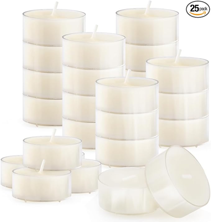25PCS Pure White Beeswax Tealight Candles, Natural Scent, Clear Cup