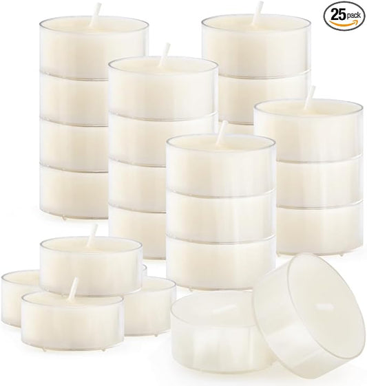 25PCS Pure White Beeswax Tealight Candles, Natural Scent, Clear Cup