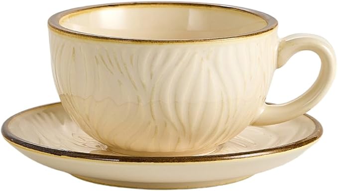 Coffeezone Vintage Design 12 oz Ceramic Latte Art Cappuccino Barista Cup with Saucer (Wave Beige) by Coffeezone