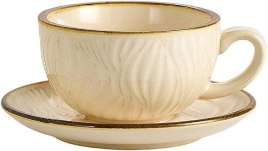 Coffeezone Vintage Design 12 oz Ceramic Latte Art Cappuccino Barista Cup with Saucer (Wave Beige) by Coffeezone