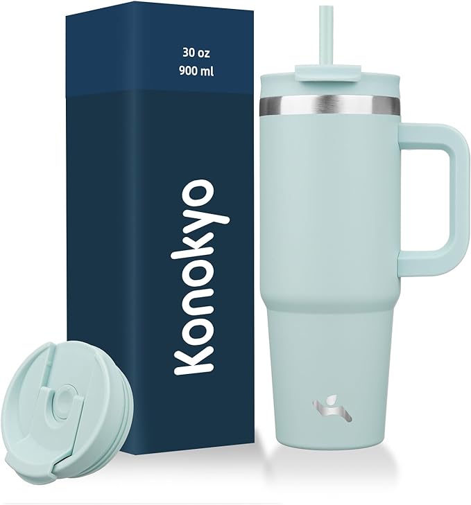 Konokyo 30 oz Insulated Tumbler Water Bottle with Handle, Straw Lid | BPA-free and dishwasher safe; made for gym, travel, coffee and gifting, 2 straws, cup holder friendly,Blue Haze by Konokyo
