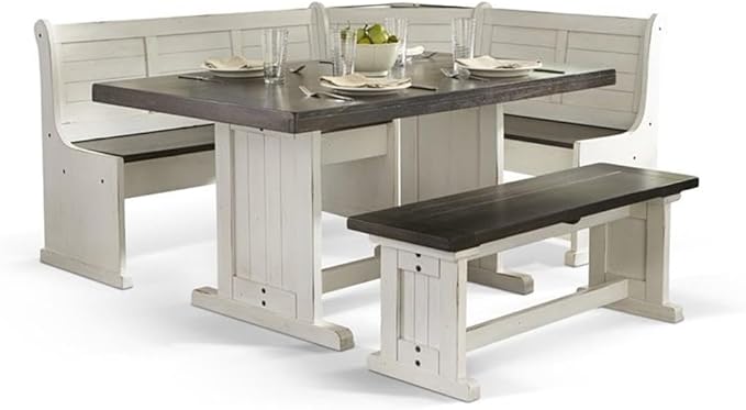 Pemberly Row Wood Breakfast Nook Set, Off White and Dark Brown Finish, Mahogany Base, Hidden Storage Benches, Reversible Design, Two-Toned European Cottage Style Dining Set for Small Spaces - Image 3