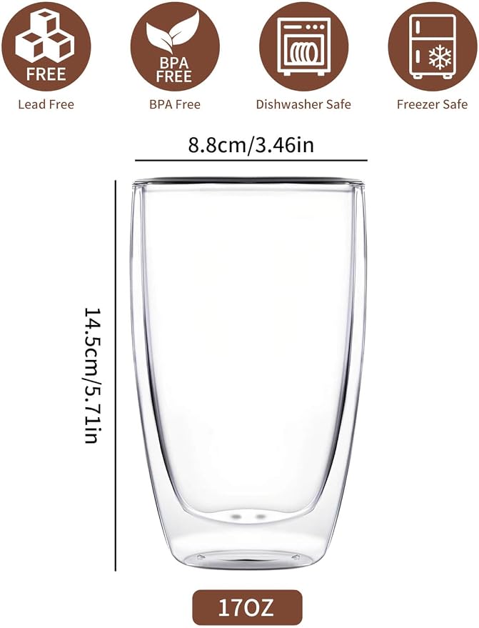 DOPUDO 17oz Double Wall Glass Coffee Mugs, Insulated Coffee Mug, Clear Borosilicate Glass Coffee Cups for Cappuccino, Tea, Lightweight and Microwave Safe - Image 2