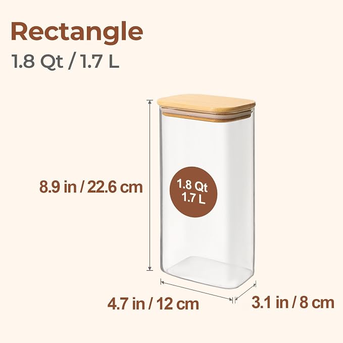 ComSaf Glass Storage Containers With Lids 1.8 Qt, 3 Pack Pantry Organizers | Glass Jars With Bamboo Lids, Rectangle Pantry Jar, Kitchen Canisters, Dry Food Storage Cereal, Flour, Sugar, 54oz, BPA Free - Image 2