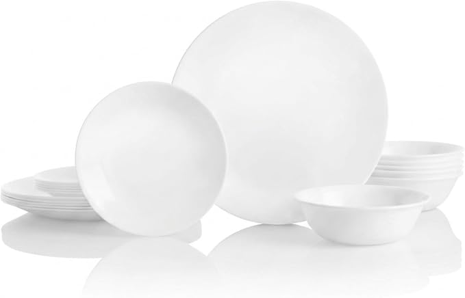 Corelle Vitrelle 18-Piece Service for 6 Dinnerware Set Triple Layer Glass and Chip Resistant, Lightweight Round Plates and Bowls Set, Winter Frost White by Corelle