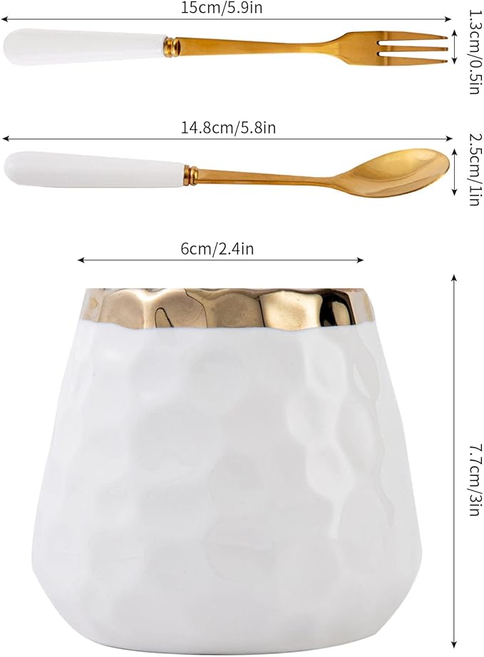 Coffee Spoon Set,Ceramic Jar with 8 Small Spoons for Coffee,Tea,Ice Cream,Cake,Flatware Set (White gold jar+8 spoons)