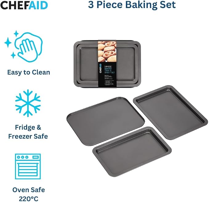 Chef Aid Carbon Steel Baking Tray and Sheet Set, Includes 3 Trays with Durable Non-Stick Coating, The Baking Trays Measure 30cm x 18cm and 21.5cm x 33cm with The Baking Sheet Measuring 35cm x 26cm - Image 3