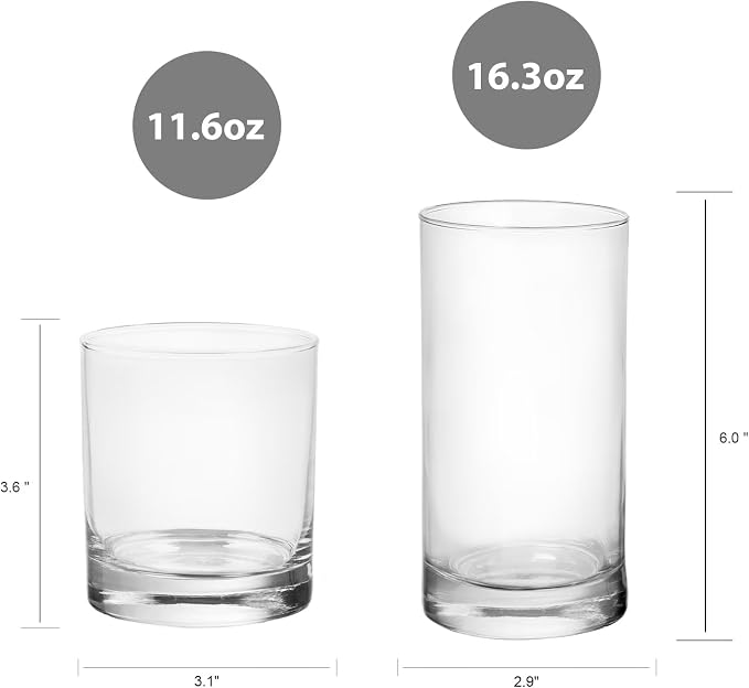 12 Piece Clear Glass Drinkware Set, Premium Cooler and Rock Glass Cups Assortment, Multipurpose Glassware for Water Juice Milk and Cocktail Beverages - Image 3