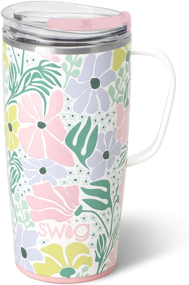 Swig Life 22oz Insulated Travel Mug with Handle & Lid, Garden Party | Triple Insulated Stainless Steel - Handle & Lid Included - Keeps Coffee Hot or Cold - Cup Holder Friendly by SwigLife