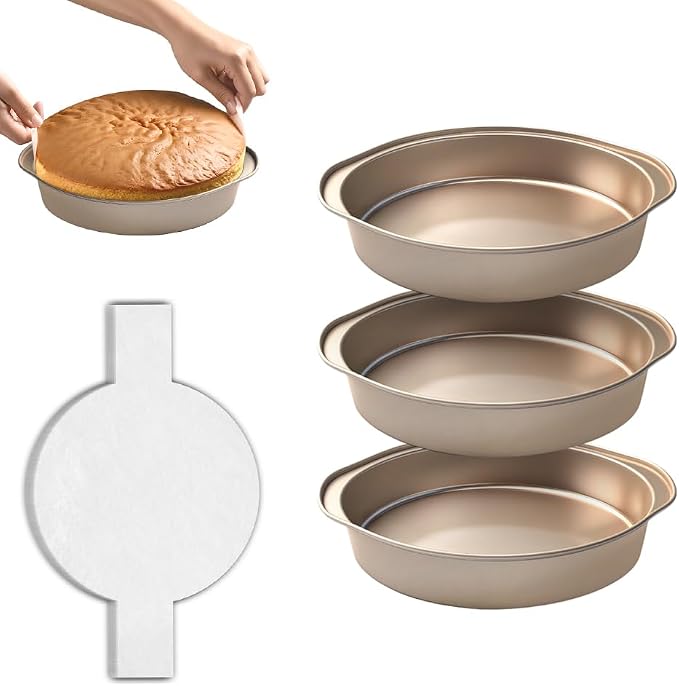 6 Inch Cake Pan, 3PCS Nonstick Round Cake Pans with 50 PCS Parchment Paper, Durable Birthday Circle Cake Baking Pan with Handle for Multi-Layer Cakes, Dishwasher Safe (Gold, 6") by Shinsin