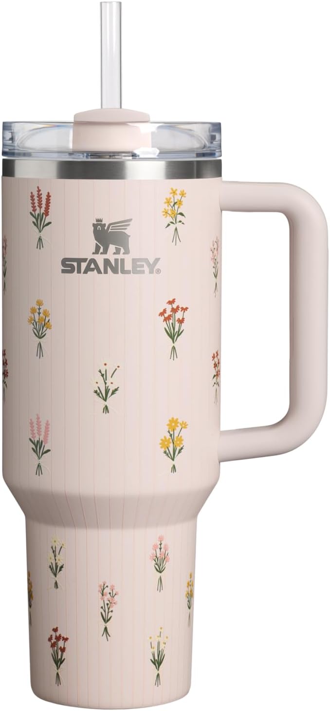 STANLEY Quencher H2.0 Flow State Tumbler, 40 oz, Rose Quartz Bouquets | Handle and Straw | 3-Position Lid | Cup Holder Compatible for Travel | Insulated Stainless Steel Cup | BPA-Free by Unknown