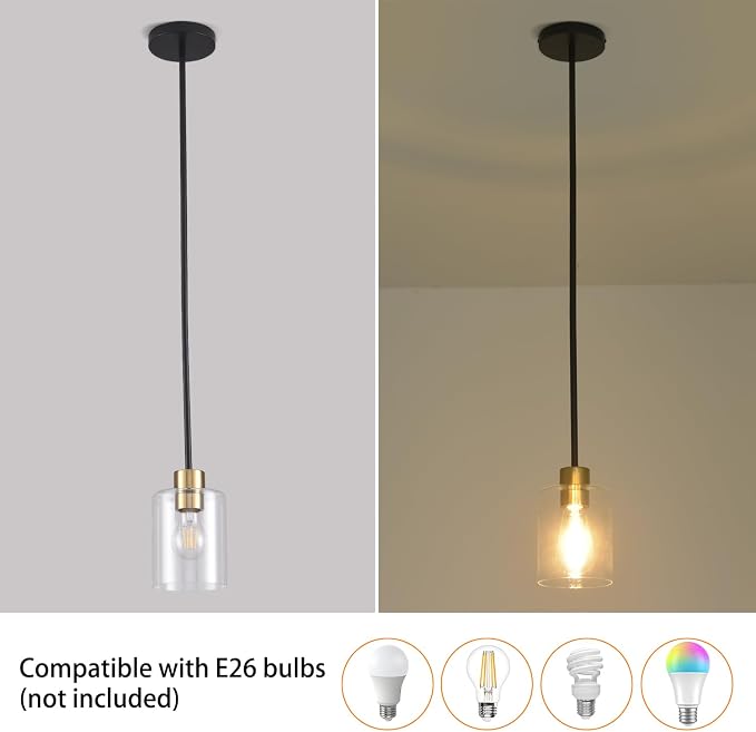 Modern 3 Pack Black Gold Pendant Lights for Kitchen Island, Brushed Brass Modern Hanging Light with Clear Glass Shade, Adjustable Metal Rod Pendant Lighting for Dining Room, Living Room, Bar, Entryway - Image 5