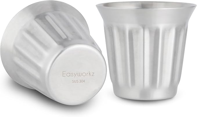 Easyworkz Stainless Steel Double-Wall Espresso Cups 5 oz Set of 2, Vertical Stripe Design, Brushed Silver