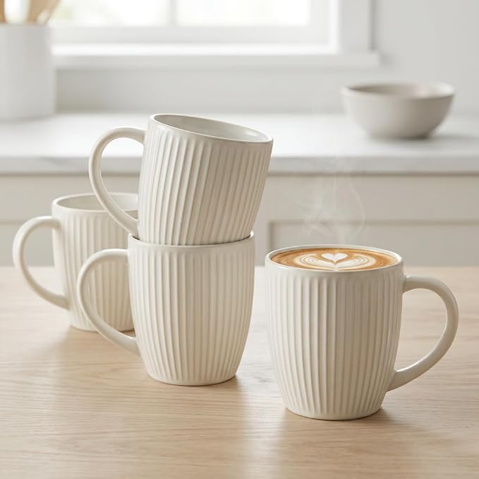 Ceramic Coffee Mug Set of 4,14 oz Vertical Striped Texture Tea Cups | White Porcelain Mugs with Handle for Latte, Cappuccino, Milk, Microwave & Dishwasher Safe, Wedding & Housewarming Gift by Seworlan