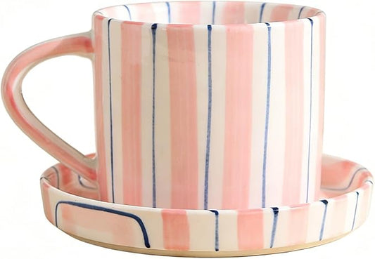 Hand-Painted Ceramic Coffee Mug and Saucer Set, 8 oz Artisan Striped Porcelain Espresso Cup, Decorative Tea Cup with Large Handle for Home, Office,Pink by CACXKEP