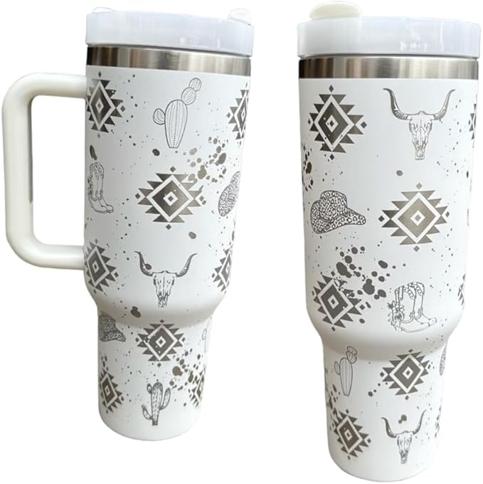 Western Engraved 40oz Tumbler, Tumbler with handle, Cowgirl Tumbler, Country Mug with Handle (White-Western(D))