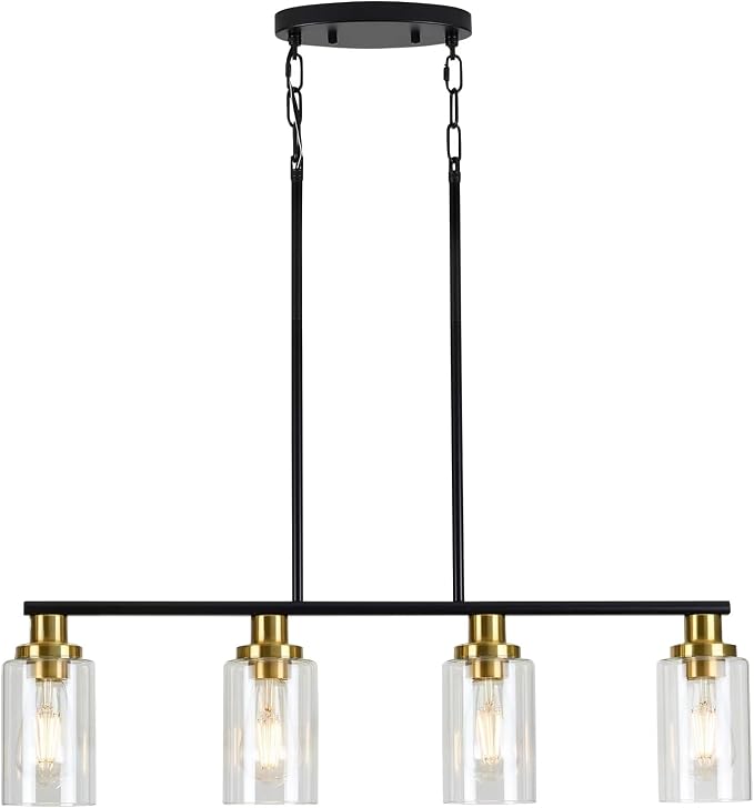 Island Lights for Kitchen, 4-Light Farmhouse Dining Room Light Fixtures Over Table, Matte Black and Gold Linear Chandeliers for Dining Room，Industrial Pendant Lighting with Clear Glass Shade - Image 8