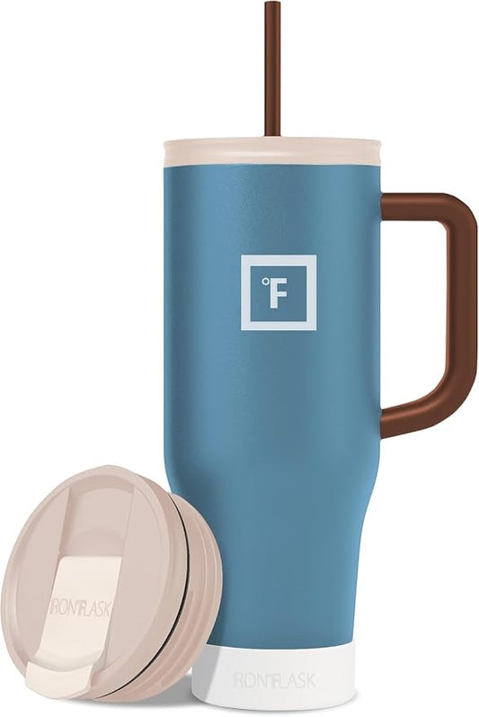 IRON °FLASK 40 oz Co-Pilot Insulated Travel Mug | Insulated Travel Mug with Straw & Flip Cap Lids - Cup Holder Fit, Leakproof, BPA Free, Protective Boot (Desert Oasis) by IronFlask