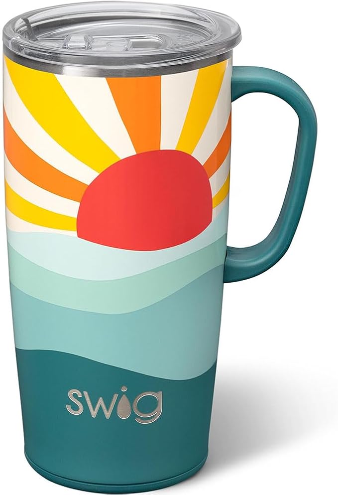 Swig Life 22oz Insulated Travel Mug with Handle & Lid, Sun Dance | Triple Insulated Stainless Steel - Handle & Lid Included - Keeps Coffee Hot or Cold - Cup Holder Friendly by SwigLife