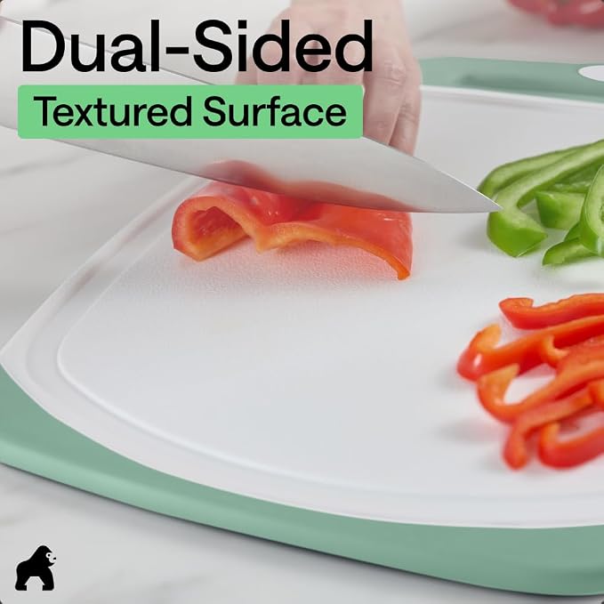 GORILLA GRIP BPA-Free Reversible Kitchen Cutting Board Set of 3, US Designed, Nonporous, Juice Grooves Catch Liquid, Slip Resistant Border, Dishwasher Safe Large Food Chopping Boards, Gray Mint Pink - Image 6