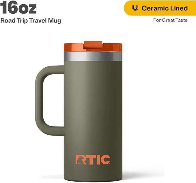 RTIC 16oz Road Trip Travel Mug with Lid and Handle, Ceramic Lined, Insulated, Stainless Steel, Metal, Double Wall Vacuum-Insulation, Portable Coffee, Tea Cup for Hot and Cold Drink, Trailblazer - Image 2