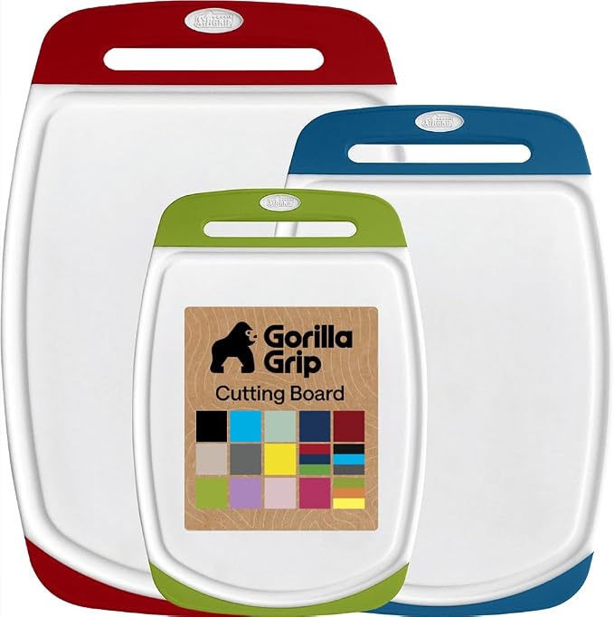 GORILLA GRIP BPA-Free Reversible Kitchen Cutting Board Set of 3, US Designed, Nonporous, Juice Grooves Catch Liquid, Slip Resistant Border, Dishwasher Safe Large Food Chopping Boards, Red Blue Green by Unknown